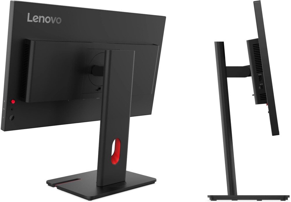 Monitor LENOVO ThinkVision T24D-40 Na jasnofioletowym tle nałożone są na siebie dwie nakładki interfejsu oprogramowania: tylna pokazuje tabelę z listą urządzeń, a przednia panel logowania z napisem 'Lenovo Display Fleet Manager' i polami na dane, podstawa, regulacja, montaż VESA