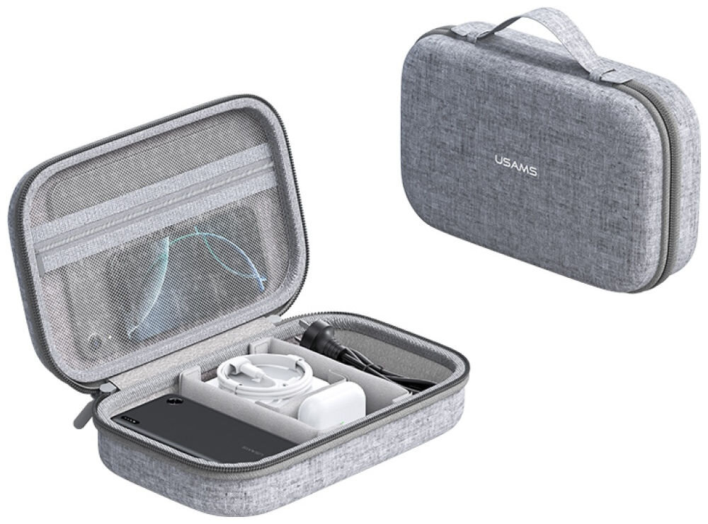 Etui ochronne USAMS JX Series 10.6 Szary, elastyczna, przewody, przejściówki, wyściółka, na białym tle 2 zdjęcia etui, zamknięte i otwarte