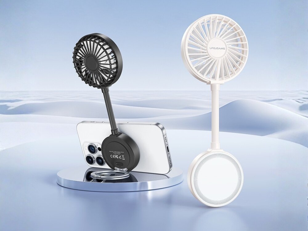 LIFEUSAMS LU02 przenośny wentylator biały Czarny i biały wentylator USAMS z elastycznym gryfem, zamontowany z tyłu smartfona jako podstawka i chłodzenie.