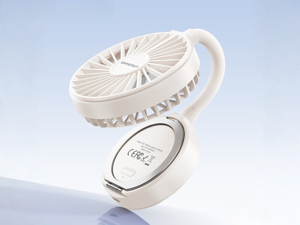 LIFEUSAMS LU02 bateria 900 mAh Zbliżenie na złożony biały wentylator USAMS z elastycznym ramieniem i widocznym logotypem na obudowie.