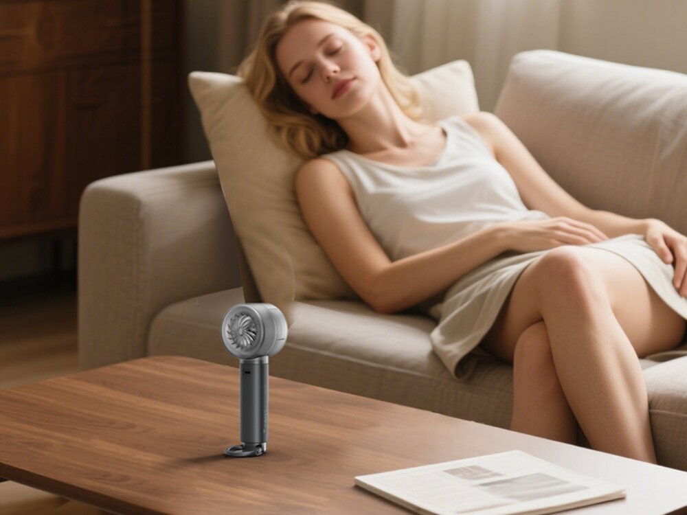 Wentylator USAMS LiFE LU01 5 stopni prędkości Kobieta odpoczywająca na kanapie, podczas gdy na drewnianym stoliku kawowym stoi szary wentylator biurkowy zapewniający delikatny nawiew.