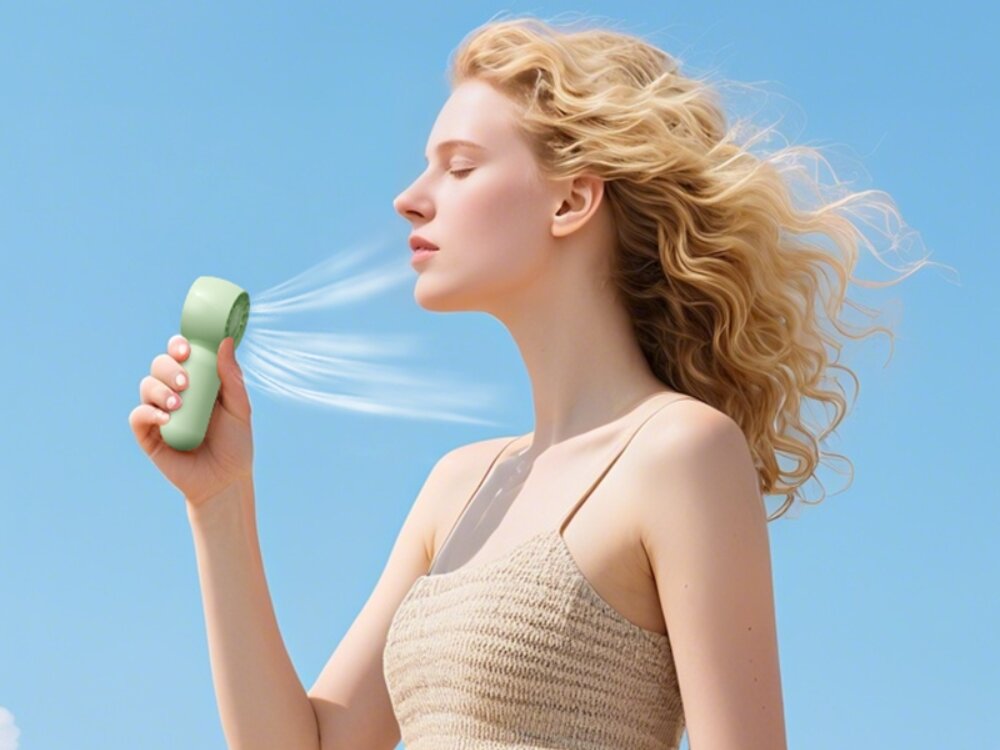 Wentylator USAMS Mini Pocket ZB354 wentylator 3 biegi Kobieta z profilu chłodząca twarz strumieniem powietrza z kieszonkowego wentylatora w kolorze zielonym na tle błękitnego nieba.