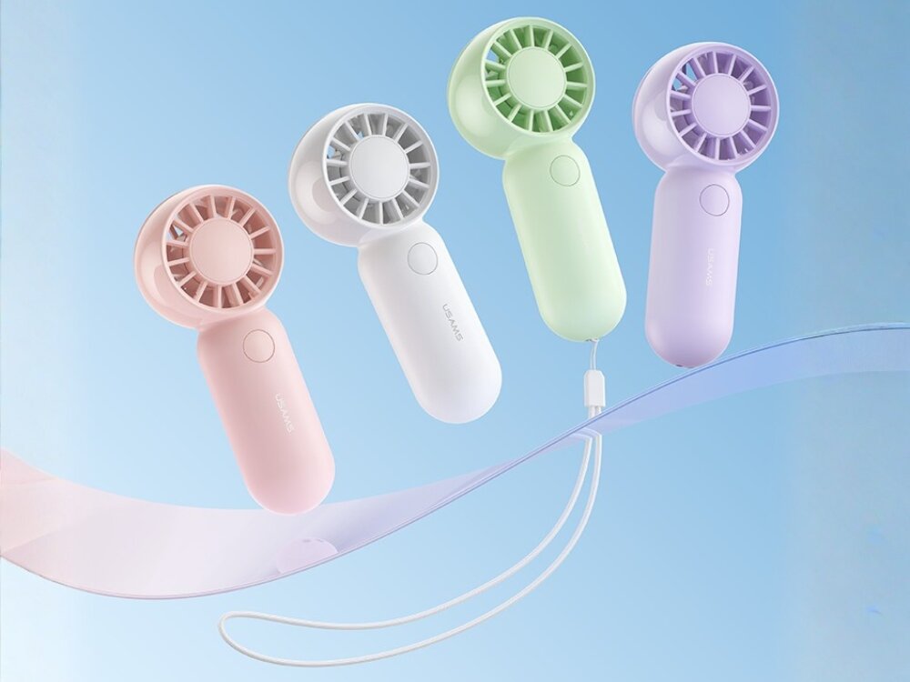 Wentylator USAMS Mini Pocket ZB354 Fan kolor bialy fioletowy rozowy zielony Cztery kolorowe mini wentylatory przenośne marki USAMS w kolorach różowym, białym, zielonym i fioletowym na jasnobłękitnym tle.