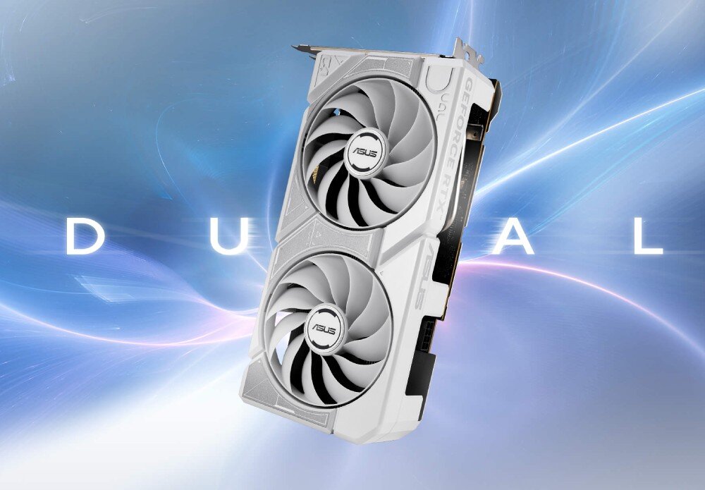 Karta graficzna ASUS Dual GeForce RTX 5060 White OC Edition 8GB Przedni widok karty z dwoma wentylatorami Axial-tech, osłoną w białej kolorystyce i logiem ASUS