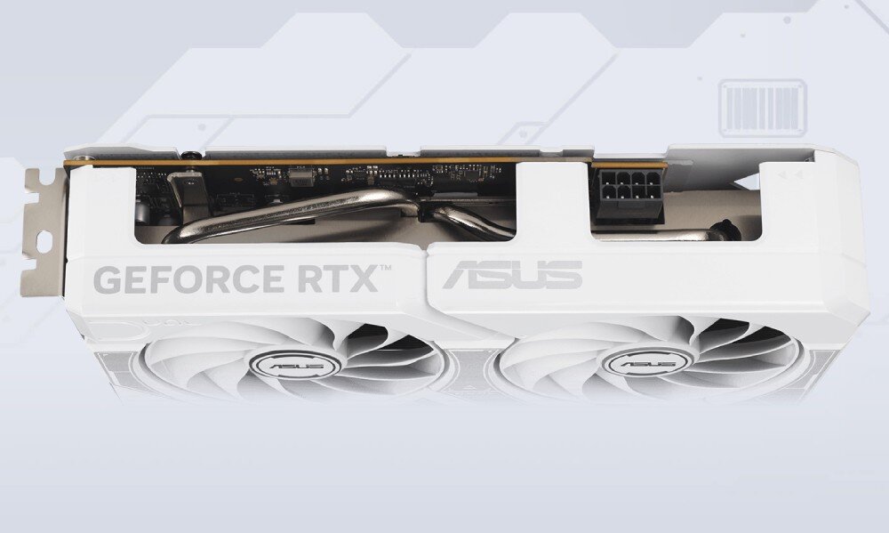 Karta graficzna ASUS Dual GeForce RTX 5060 White OC Edition 8GB Boczny widok karty graficznej z logotypami 'GEFORCE RTX' i 'ASUS', dwoma wentylatorami oraz ośmiopinowym złączem zasilania