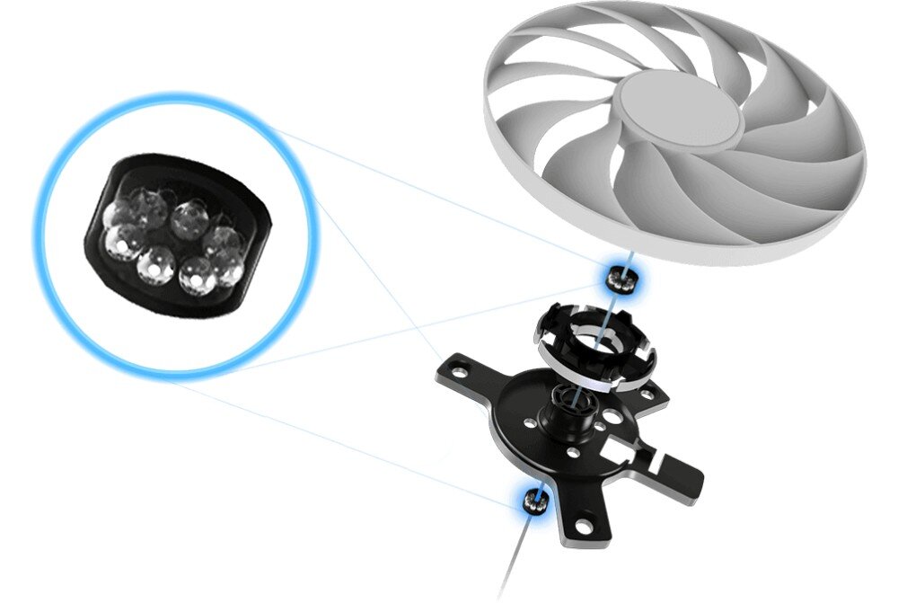 Karta graficzna ASUS Dual GeForce RTX 5060 White OC Edition 8GB Schemat rozłożony przedstawiający budowę wentylatorów z podwójnymi łożyskami kulkowymi i małą piastą
