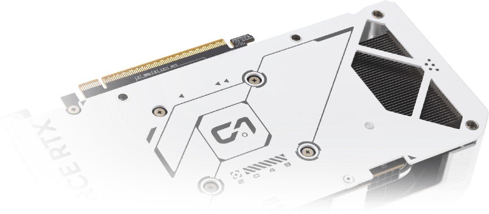 Karta graficzna ASUS Dual GeForce RTX 5060 White OC Edition 8GB Tylna część karty graficznej z widocznym backplate'em z wentylacją, złączem PCIe oraz grafiką producenta na białym tle