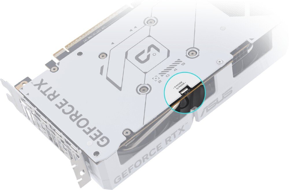 Karta graficzna ASUS Dual GeForce RTX 5060 White OC Edition 8GB Tylna strona karty z zaznaczonym złączem 'VBIOS SWITCH' umożliwiającym przełączanie trybów BIOS