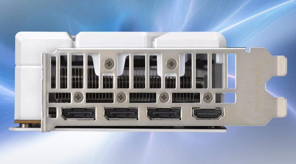 Karta graficzna ASUS Dual GeForce RTX 5060 White OC Edition 8GB Panel portów wideo z trzema złączami DisplayPort i jednym HDMI na wspornniku ze stali nierdzewnej 304