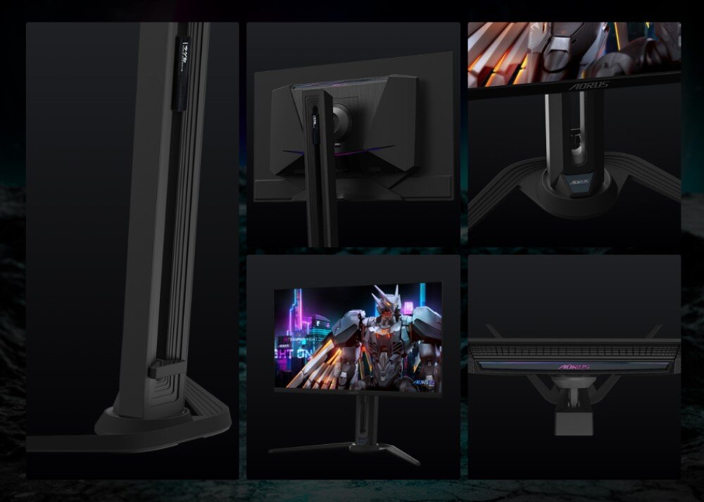 Monitor GIGABYTE Aorus FO27Q5P Kulaż pięciu zdjęć pokazujący monitor z różnej perspektywy, w tym tył obudowy, profil kolumny, dolną krawędź oraz widok z przodu