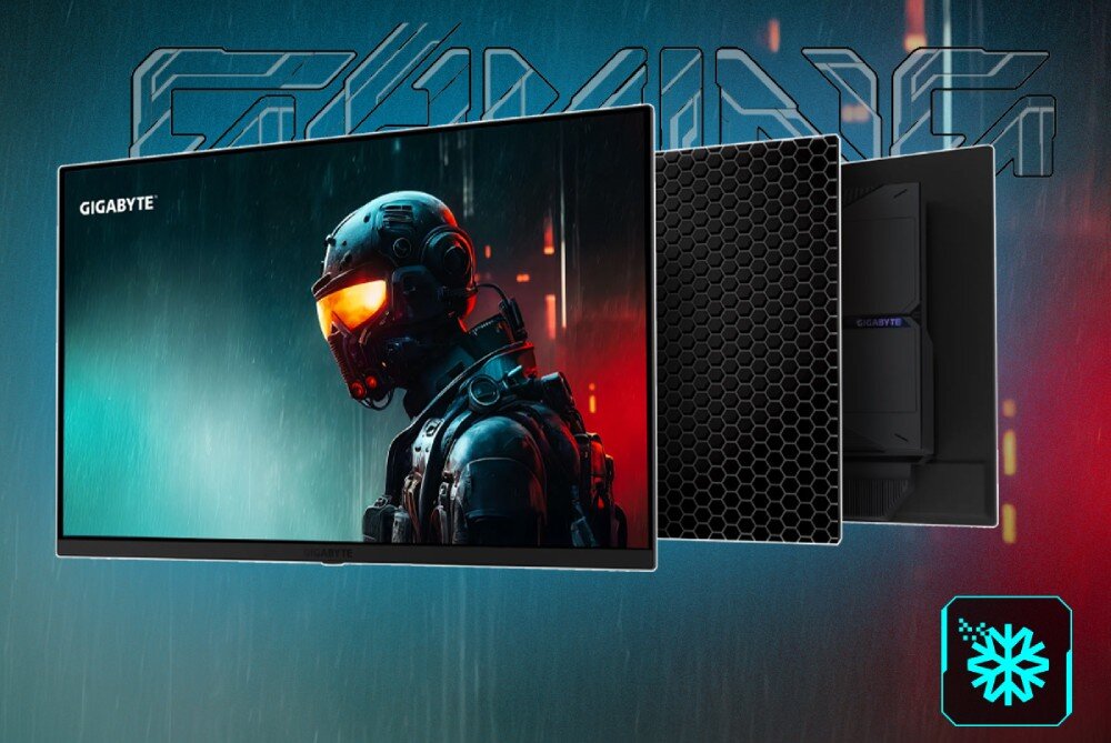 Monitor GIGABYTE Aorus FO27Q5P Grafika przedstawia przekrój monitora z widoczną warstwą o strukturze plastra miodu oraz ikona płatka śniegu w dolnym rogu