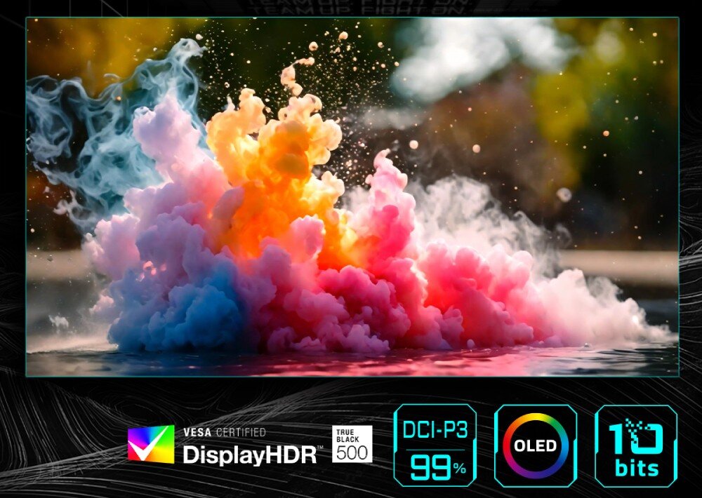 Monitor GIGABYTE Aorus FO27Q5P Ekran przedstawia wielobarwną chmurę dymu, poniżej znajdują się ikony VESA Certified DisplayHDR 500, DCI-P3 99%, OLED oraz 10 bits