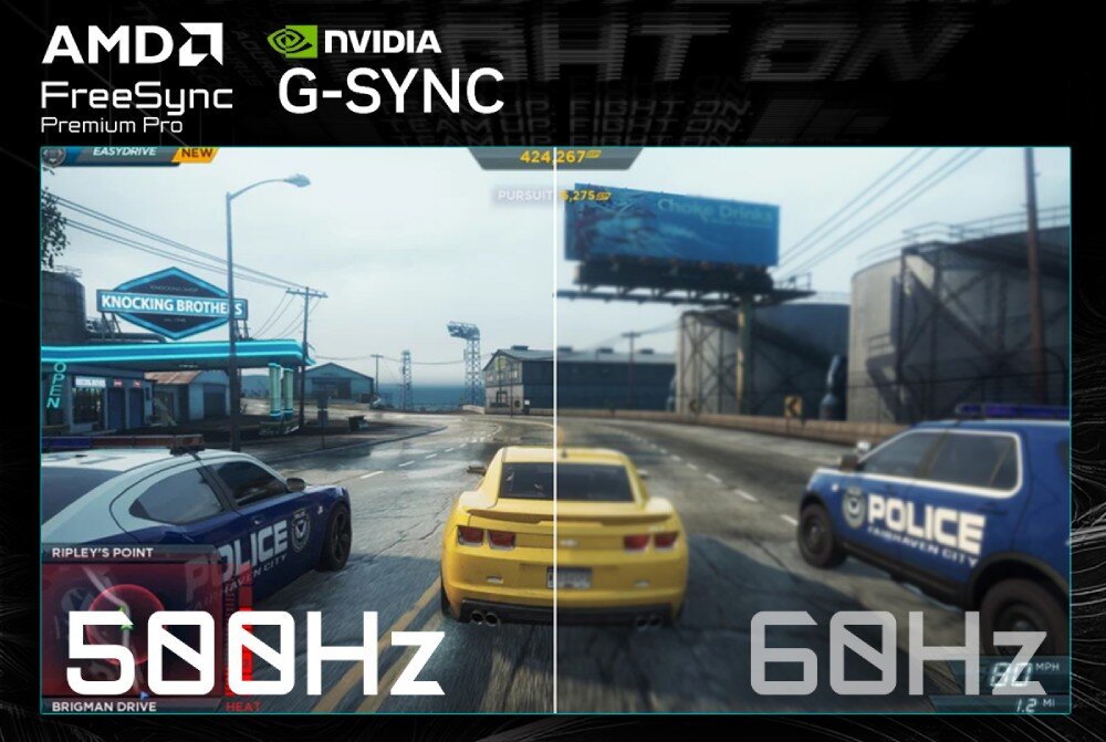 Monitor GIGABYTE Aorus FO27Q5P Podzielony na pół ekran pokazuje porównanie płynności obrazu z opisem 500Hz i 600Hz podczas gry wyścigowej z udziałem auta i radiowozu