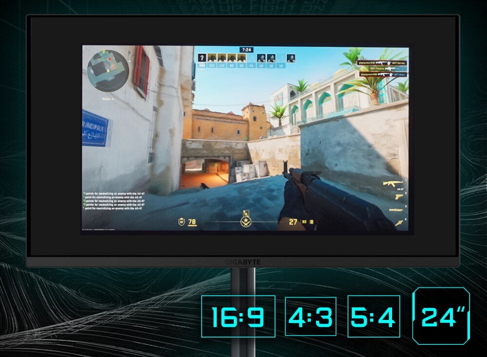 Monitor GIGABYTE Aorus FO27Q5P Ekran prezentujący grę strzelankę z widokiem z pierwszej osoby, na dole umieszczono oznaczenia proporcji 16:9, 4:3, 5:4 oraz przekątnej 24'