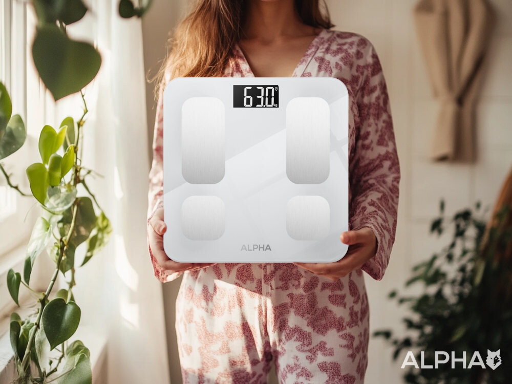 Waga łazienkowa ALPHA Smart Scale 2 Komfort i bezpieczeństwo Duża, stabilna platforma wymiary Antypoślizgowe stopki zaokrąglone krawędzie solidna konstrukcja waga zakres dokładność kontrola zdrowie