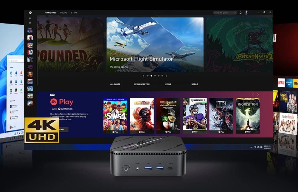 Komputer BLACKVIEW MP100 Pro Miniaturowy komputer na tle ekranu z interfejsem platformy gier i napisem '4K UHD', przedstawiający różne tytuły gier, obraz, jakość, układ graficzny