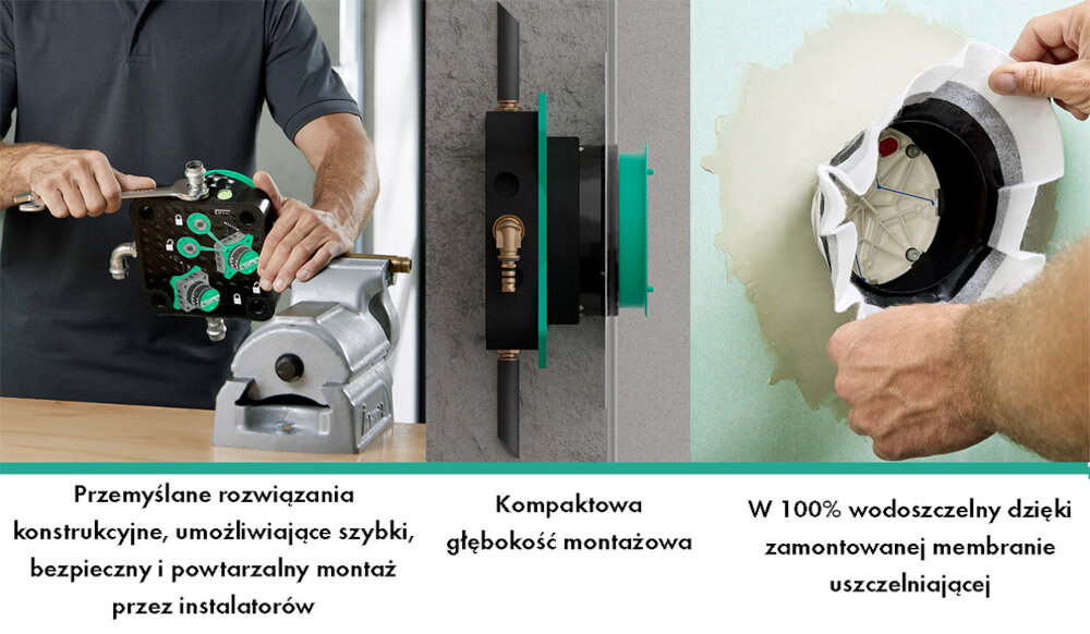 Obraz przedstawia trzy zdjęcia związane z montażem elementu instalacyjnego. Pod zdjęciami znajduje się tekst: \'Przemyślane rozwiązania konstrukcyjne, umożliwiające szybki, bezpieczny i powtarzalny montaż przez instalatorów\', \'Kompaktowa głębokość montażowa\', \'W 100% wodoszczelny dzięki zamontowanej membranie uszczelniającej\'.