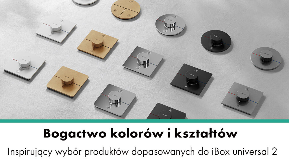 Na obrazie widoczne są różne panele prysznicowe w kolorach srebrnym, złotym i czarnym, ułożone na jasnym tle. Tekst na dole obrazu brzmi: \'Bogactwo kolorów i kształtów Inspiurjący wybór produktów dopasowanych do iBox universal 2\'.