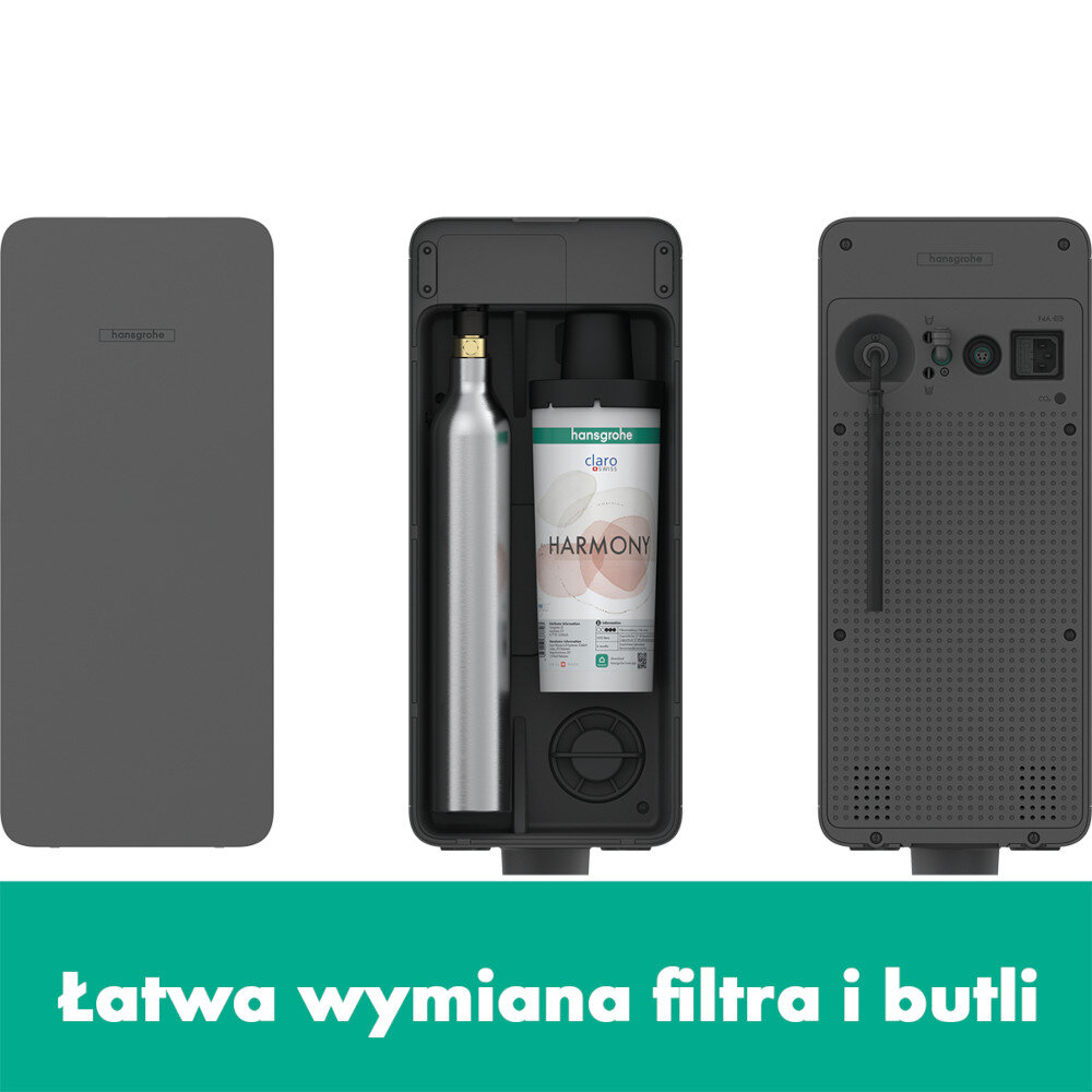 BATERIA KUCH HANSGROHE AQITTURA M91 Z FILTREM SODASYSTEM 210 76836000 Na zdjęciu 7.jpg przedstawiono trzy ujęcia ciemnej obudowy urządzenia: zamknięty front, otwarty środek z butlą CO₂ i wkładem filtrującym Harmony oraz tylny panel z przyłączami i przewodem. Na dole widnieje zielony pasek z napisem „Łatwa wymiana filtra i butli” łatwy montaż systemu szybka wymiana filtra wody filtr 300 litrów kompatybilne butle CO2 samodzielna wymiana oszczędność czasu wygoda użytkowania system wody do kuchni