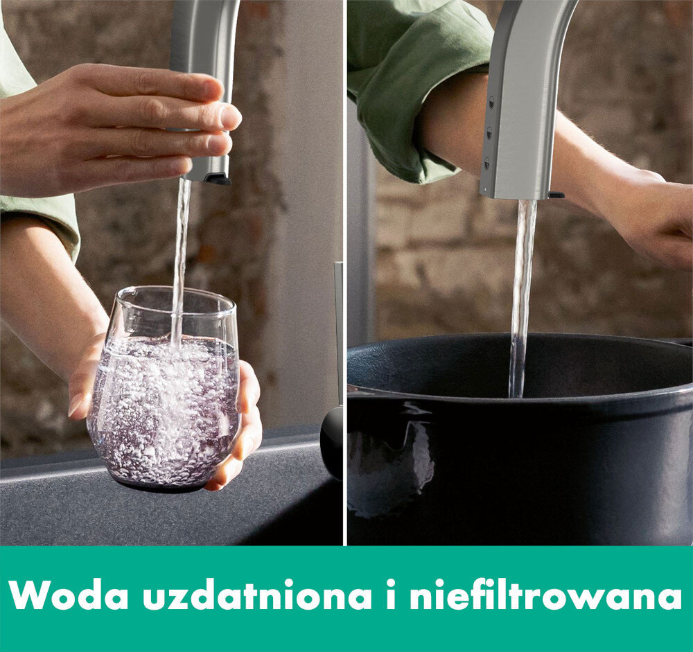BATERIA KUCH HANSGROHE AQITTURA M91 Z FILTREM SODASYSTEM 210 76836800 Na zdjęciu 3.jpg widać dwa zbliżenia na dłonie przy baterii kuchennej: po lewej nalewaną do szklanki wodę z intensywnym bąbelkowaniem, po prawej strumień wody wpadający do ciemnego garnka. Na dole umieszczony jest zielony pasek z napisem „Woda uzdatniona i niefiltrowana” Jedna wylewka 2 rodzaje wody dwa niezależne kanały wody oddzielna woda pitna i użytkowa czysta woda do picia bateria kuchenna 2 w 1 wygoda użytkowania brak dodatkowych filtrów