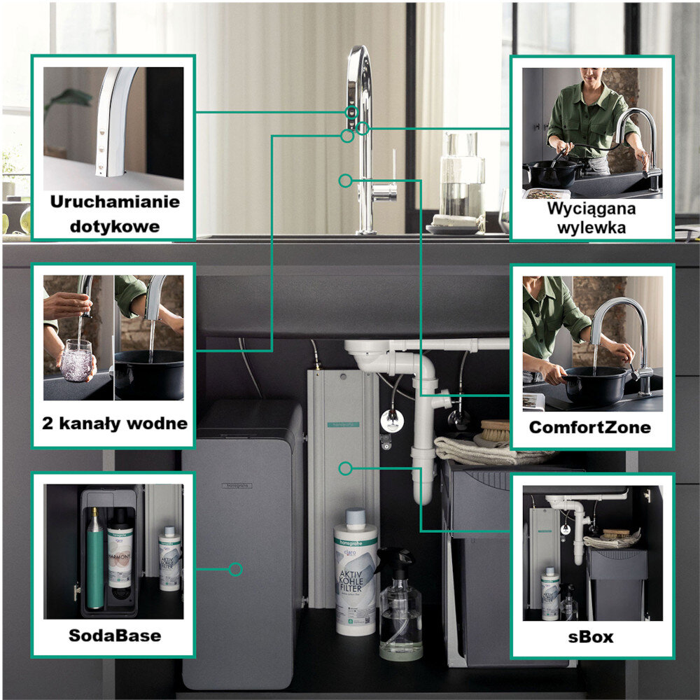 BATERIA KUCH HANSGROHE AQITTURA M91 Z FILTREM SODASYSTEM 210 76836800 Na zdjęciu 8.jpg pokazano kuchenny zlew z baterią SodaBase, a pod nim wnętrze szafki z pełnym zestawem elementów systemu: modułem SodaBase, filtrem, butlą CO₂ i organizacją z koszem na odpady. Zielone linie prowadzą do wyróżnionych ramek z podpisami funkcji: „Uruchamianie dotykowe”, „Wyciągana wylewka”, „2 kanały wodne”, „Comfort Zone” oraz „sBox” QuickClean usuwanie kamienia i brudu perlator silikonowy Select Digital włączanie i wyłączanie wody MemoryFunction zapamiętywanie ilości wody automatyczne napełnianie wyciągana wylewka zasięg 76 cm wygoda użytkowania bateria kuchenna