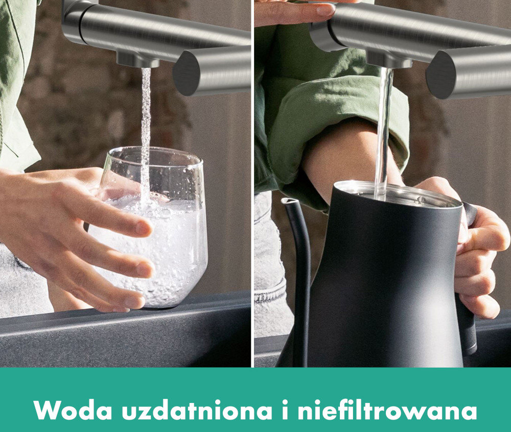 BATERIA KUCH HANSGROHE AQITTURA M91 Z FILTREM SODASYSTEM 210 76837800 Na zdjęciu 3.jpg widać dwa zbliżenia na dłonie przy baterii kuchennej: po lewej nalewaną do szklanki wodę z intensywnym bąbelkowaniem, po prawej strumień wody wpadający do ciemnego garnka. Na dole umieszczony jest zielony pasek z napisem „Woda uzdatniona i niefiltrowana” Jedna wylewka 2 rodzaje wody dwa niezależne kanały wody oddzielna woda pitna i użytkowa czysta woda do picia bateria kuchenna 2 w 1 wygoda użytkowania brak dodatkowych filtrów