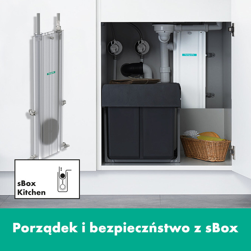 BATERIA KUCH HANSGROHE AQITTURA M91 Z FILTREM SODASYSTEM 210 76837800 Na zdjęciu 4.jpg widać wnętrze szafki pod zlewem z zamontowanym systemem sBox Kitchen oraz dużym czarnym pojemnikiem na odpady. Po lewej stronie pokazano zbliżenie na pionowy moduł sBox, a na dole znajduje się zielony pasek z hasłem „Porządek i bezpieczeństwo z sBox” sBox system oszczędność miejsca w szafce płynny wąż bateria kuchenna ochrona węża trwałość systemu porządek pod zlewem estetyka kuchni wygoda użytkowania
