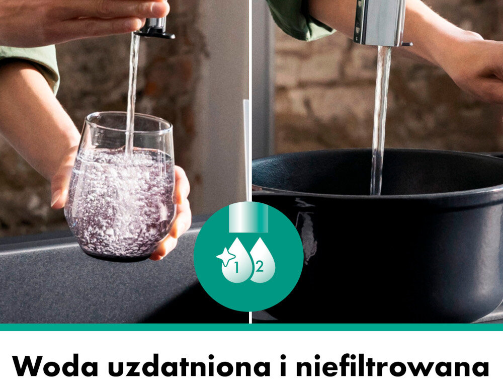 Obraz przedstawia dwie sceny: po lewej stronie woda nalewana jest do szklanki, a po prawej do garnka. Na dole widnieje napis \'Woda uzdatniona i niefiltrowana\'.