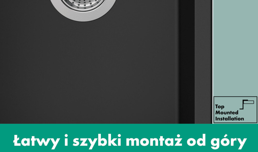 Obraz przedstawia fragment zlewozmywaka w kolorze kamiennym szarym z widocznym odpływem. Na dole znajduje się tekst: \'Łatwy i szybki montaż od góry\'.