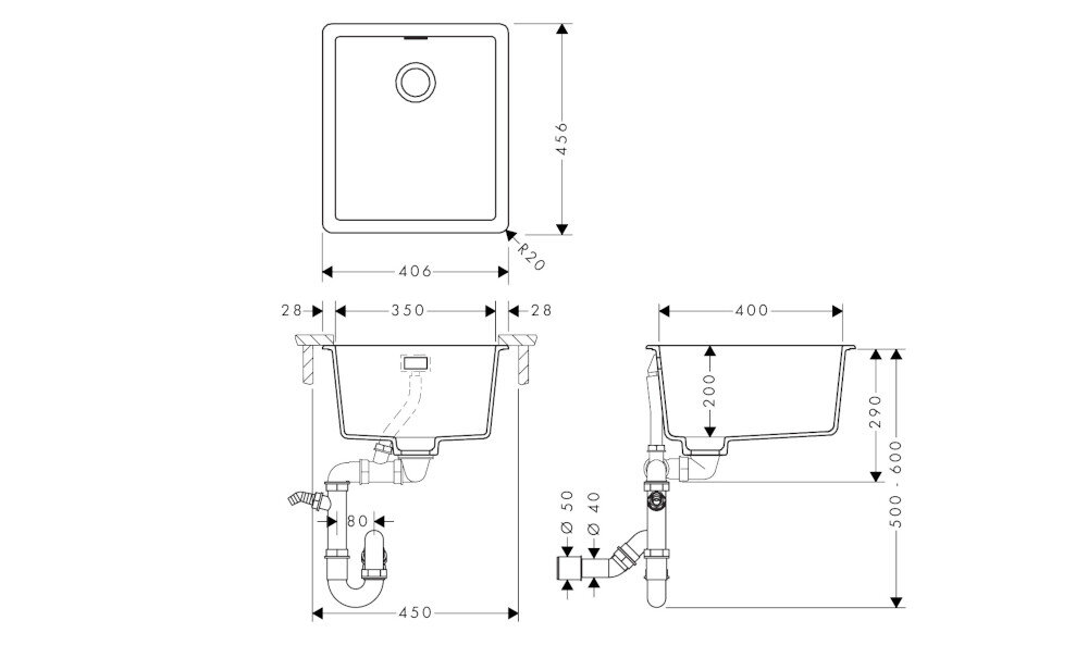 Rysunek techniczny zlewozmywaka jednokomorowego z wymiarami: 406x456 mm. Widoczne są szczegóły instalacyjne oraz przekroje boczne z oznaczeniami wymiarów.