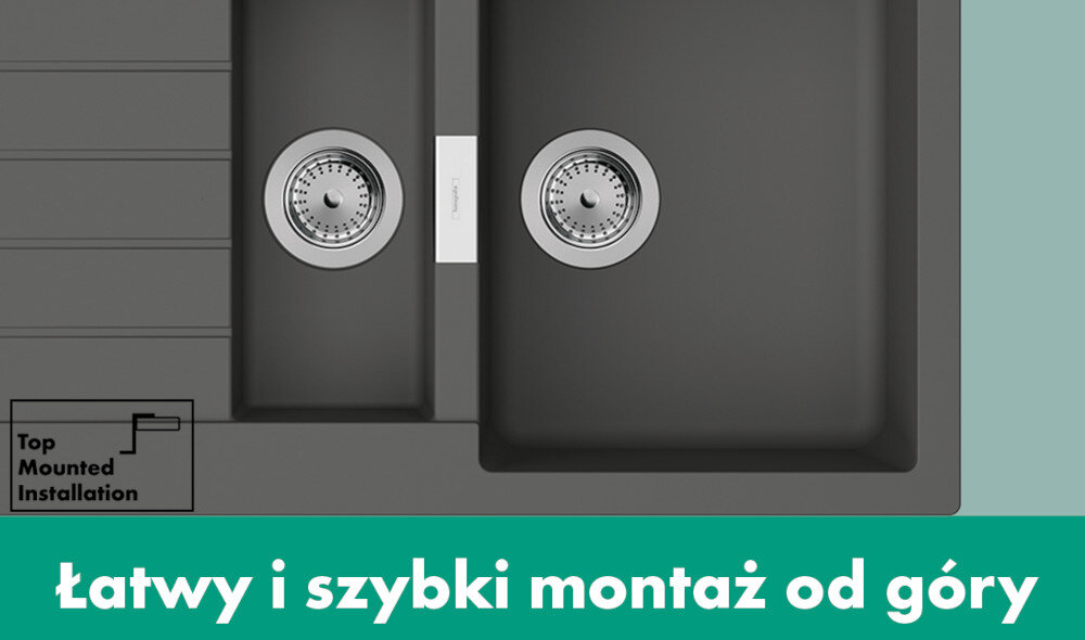 ZLEWOZMYWAK HANSGROHE Z OCIEKACZEM S52 43357290 Zbliżenie czarnego zlewu z widocznym odpływem oraz elementem montażowym, uzupełnione grafiką „Top Mounted Installation” i napisem „Łatwy i szybki montaż od góry”, podkreślającym prostą instalację montaż od góry zlewozmywak wpuszczany łatwy montaż ochrona przed wilgocią eleganckie wykończenie trwałość