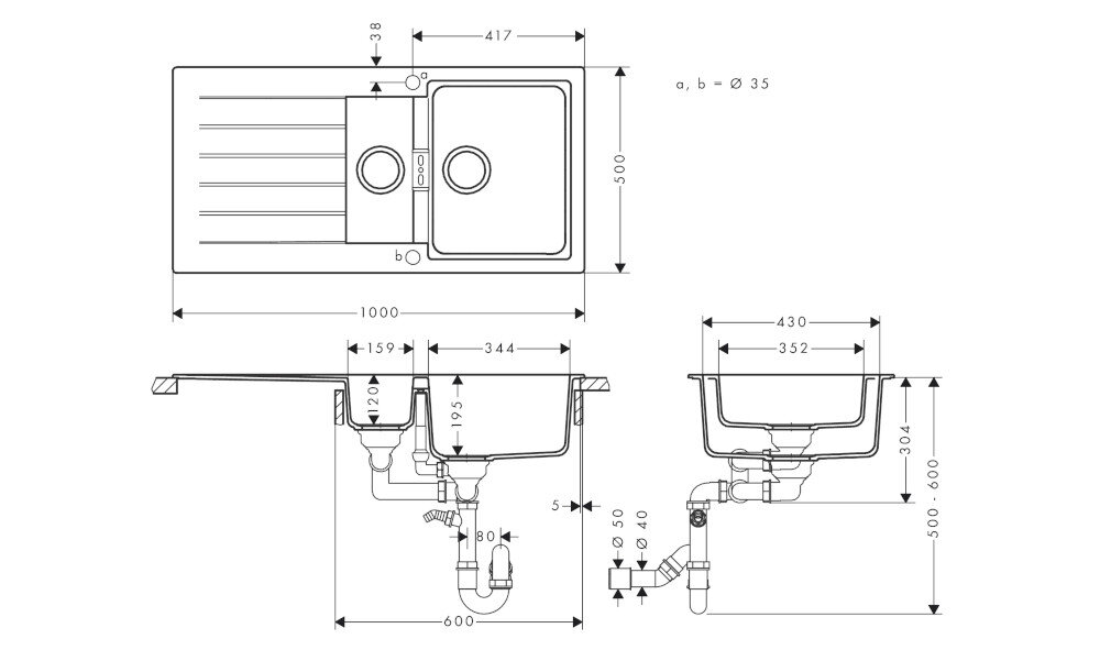 ZLEWOZMYWAK HANSGROHE Z OCIEKACZEM S52 43357290 Rysunek techniczny zlewu, przedstawiający dokładne wymiary, układ komór oraz schemat instalacji dane techniczne wymiary kolor komory wycięcie korek montaż