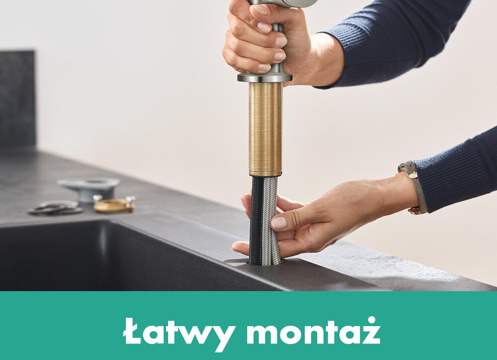 Osoba montuje baterię kuchenną nad zlewem. Na dole obrazu widnieje napis \'Łatwy montaż\'.