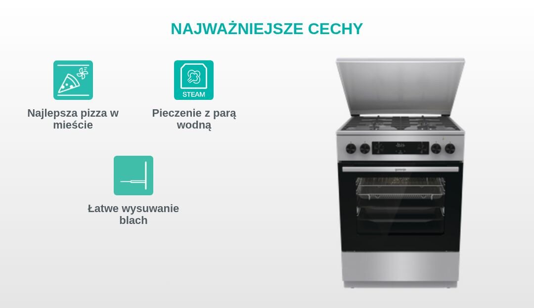 KUCHNIA GORENJE MEKS6141X Grafika produktowa z kuchnią wolnostojącą Gorenje po prawej stronie oraz trzema turkusowymi piktogramami po lewej, opisanymi jako „Najlepsza pizza w mieście”, „Stabilne i trwałe ruszty” i „Łatwe wysuwanie blach” pod nagłówkiem „NAJWAŻNIEJSZE CECHY”