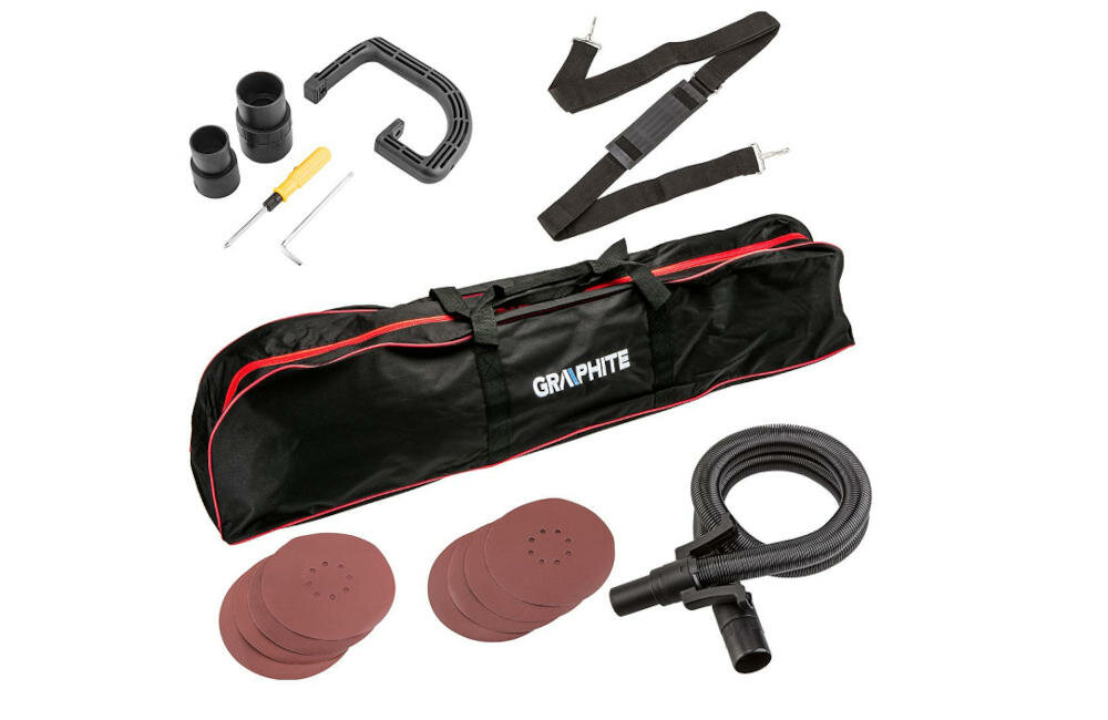 GRAPHITE-59G261 szlifierka uchwyt regulowana tarcza głowica gumowe nakładki komfort stabilność szczotkowa osłona papier ścierny rzep przewód wąż ssący widełki ochronne