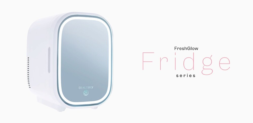Lodówka kosmetyczna BEAUTIFLY Freshglow duża pojemność, podwójne zasilanie, wszechstronne zastosowanie, magmetyczne zamykanie drzwi, oświetlenie LED