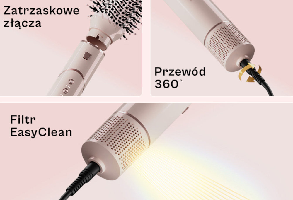 Suszarko-lokówka BEAUTIFLY Multi Styler Stylebliss Rose 50 mm 1200 W Komfortowe użytkowanie Obrotowy uchwyt 180° lekka konstrukcja Złącza zatrzaskowe przewód 360° swoboda ruch Filtr EasyClean