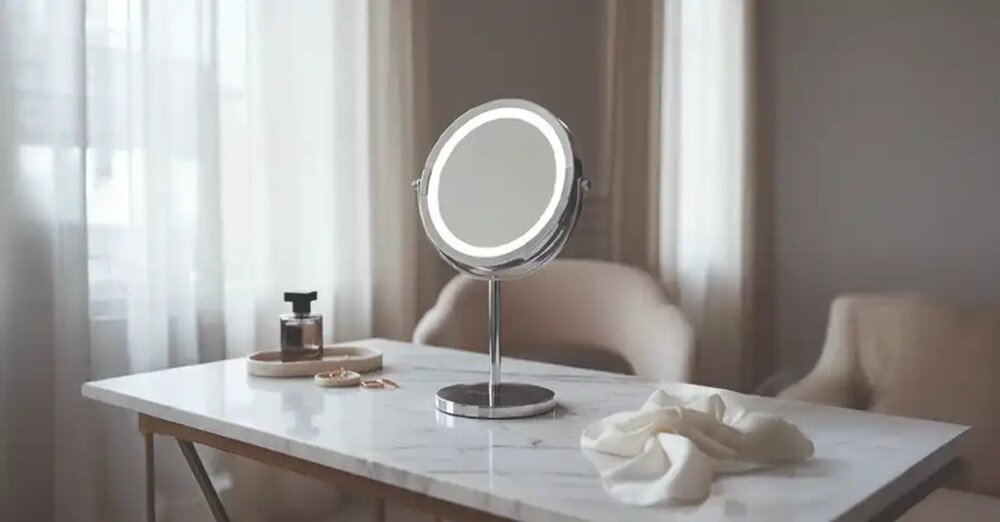 Lusterko kosmetyczne BEAUTIFLY Looking Glass Light styl, elegancja, praktyczne zastosowanie, piękny dodatek, zasilanie na baterie, solidna podstawa