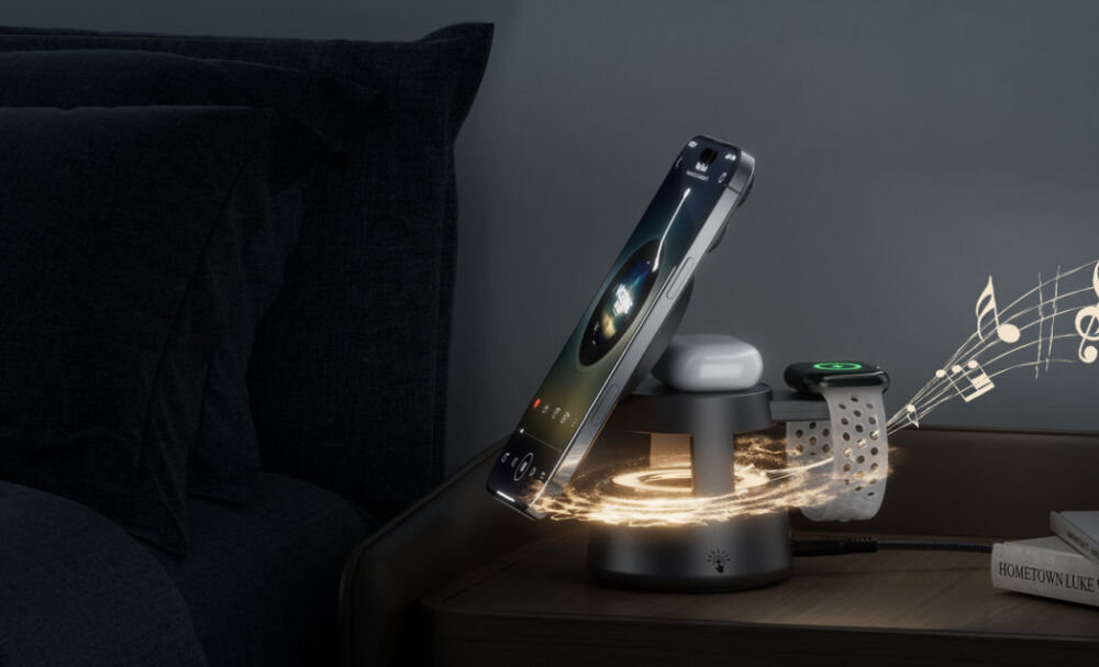 4SMARTS Aura Sound Qi2 Szary standardzie Qi2/MagSafe (15 W) słuchawek TWS (3 W) zegarka Apple Watch lub Samsung Watch (3 W) pierścieniowi UltiMag smartfonami Apple Qi ładowanie bezprzewodowe - telefon, słuchawki i zegarem na ładowarce