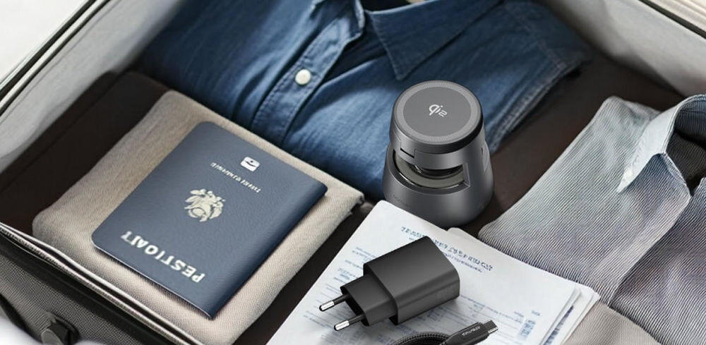 4SMARTS Aura Sound Qi2 Szary 3-stopniową regulację światła Regulacja jasności głośnik Bluetooth 5.1 powiadomień, rozmów lub krótkich treści audio - ładowarka w walizce z innymi bagażami