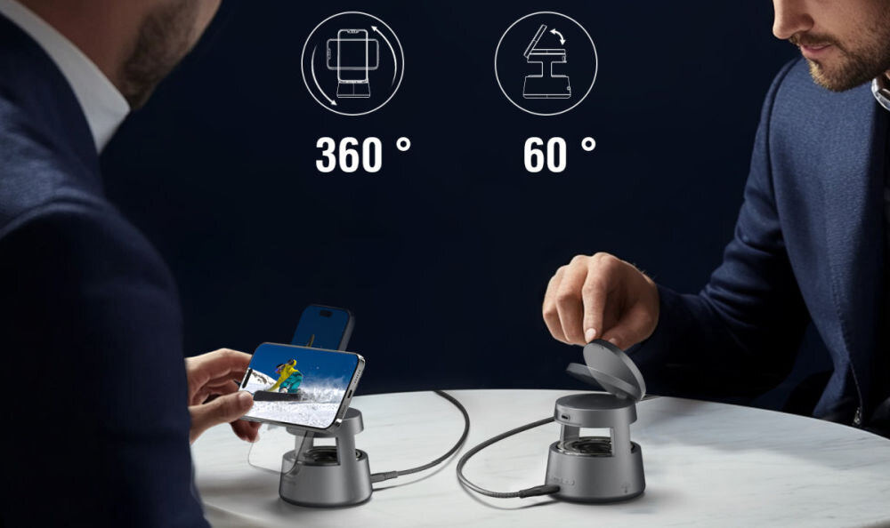 4SMARTS Aura Sound Qi2 Szary pionowo lub poziomo rozmów wideo, oglądanie treści StandBy Smart View Clock / AOD Magnetyczne mocowanie - ładowarka na stole, grafiki pokazujące płaszczyzny regulacji