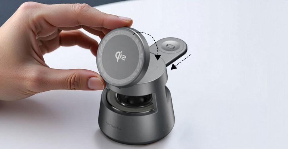 4SMARTS Aura Sound Qi2 Szary zasilacz USB-C 30 W przewód USB-C/SUB-C 1,5 m 9V/3A USB Power Delivery Solidne materiały ABS i silikon niewielka forma (8,2 × 8 × 8 cm) - regulacja pochyłu