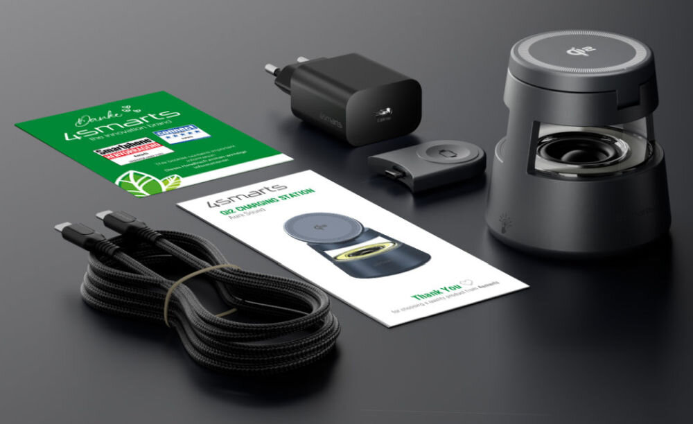 4SMARTS Aura Sound Qi2 Szary zestaw, kabel isntrukcja, zasilacz, ładowarka, etykiety