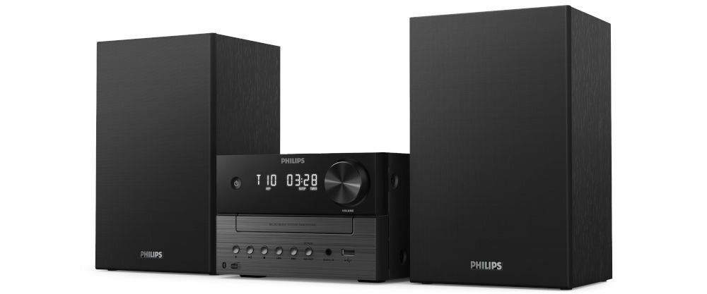 Czarna wieża audio z dwoma głośnikami i centralną jednostką z wyświetlaczem pokazującym \'T 10 03:28\'. Na centralnej jednostce widoczne są przyciski sterujące i logo \'PHILIPS\'.