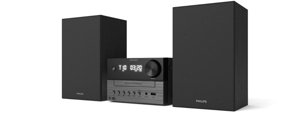 Czarna wieża audio z dwoma głośnikami, na centralnej jednostce widoczny jest wyświetlacz z napisem \'PHILIPS\' oraz przyciski sterujące. Głośniki i jednostka centralna mają prostokątny kształt, a na każdym z elementów znajduje się logo \'PHILIPS\'.