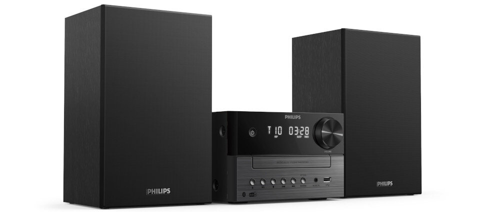 Czarna wieża audio z dwoma głośnikami, wyświetlaczem cyfrowym pokazującym czas 03:28 i logo PHILIPS. Na panelu przednim znajdują się przyciski sterujące i wejście USB.