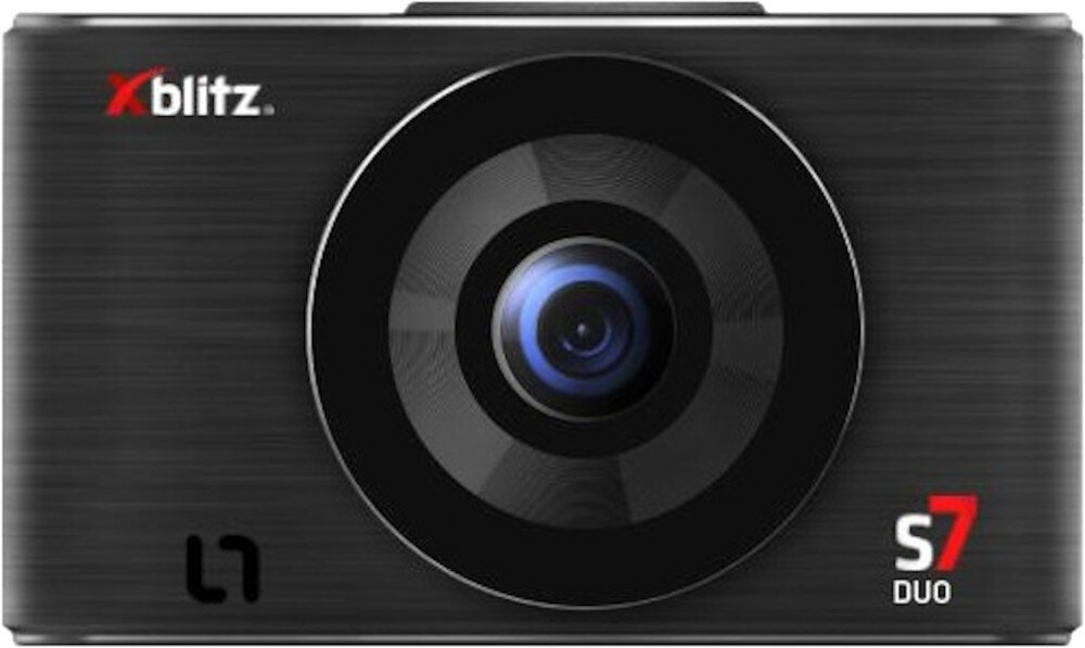 Obraz przedstawia wideorejestrator z dużym obiektywem na środku. Widoczne są napisy \'Xblitz\' oraz \'S7 DUO\'.
