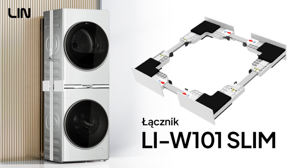 ŁĄCZNIK UNIWERSALNY LIN LI-M101 Slim zdjęcie lifestyle pralka suszarka dwa urządzenia ustawione na sobie regał ręczniki książki dekoracje łącznik zdjęcie produktowe
