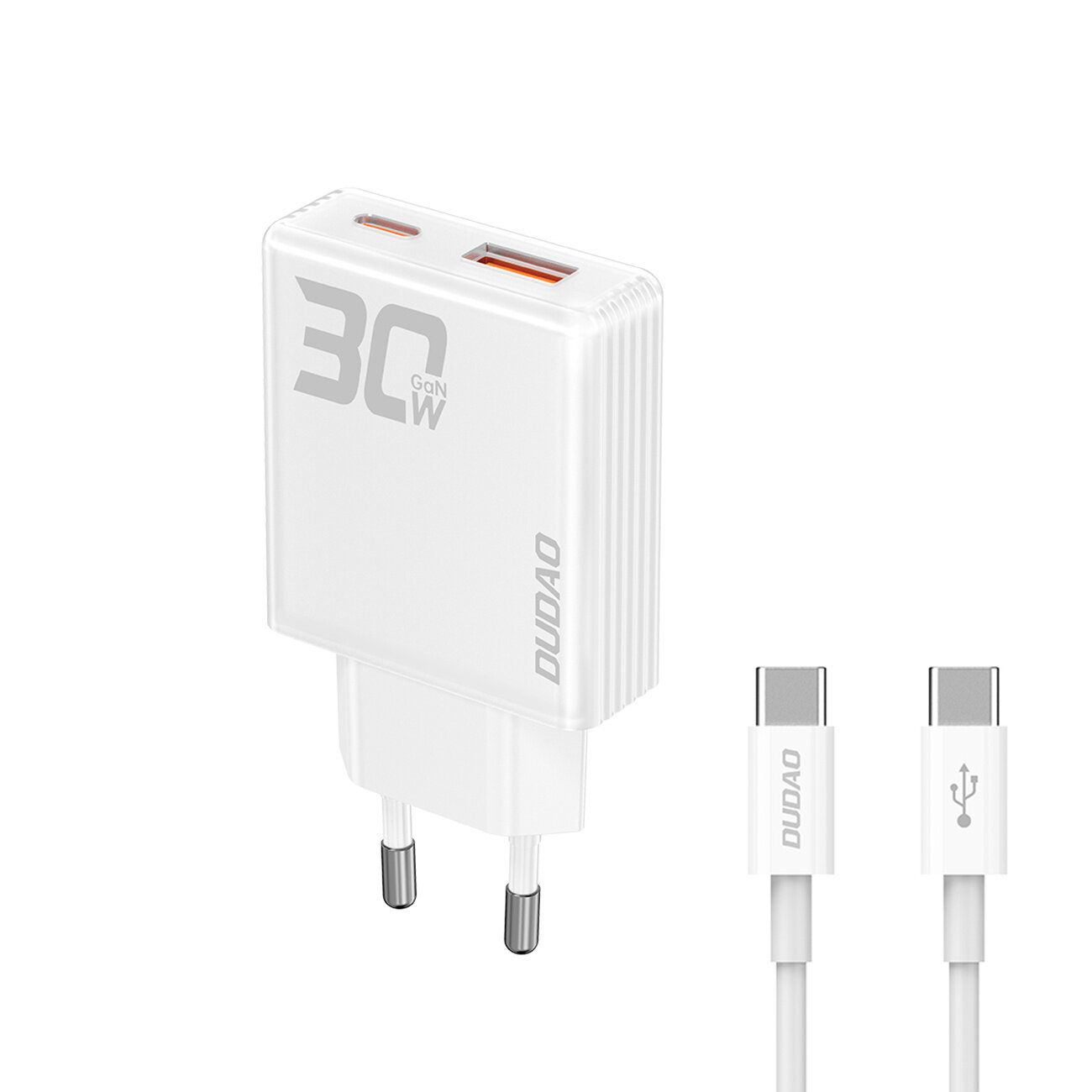 Biała ładowarka sieciowa z dwoma portami USB, oznaczona napisem \'30 GAN W\' i \'DUDAO\'. Obok znajduje się biały kabel USB-C z logo DUDAO i symbolem USB.