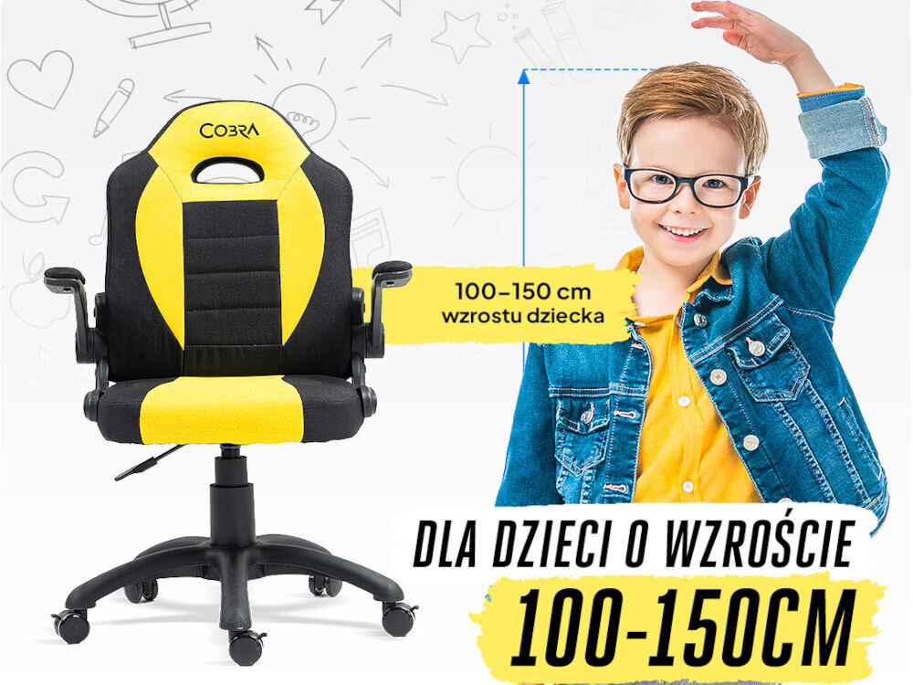 Fotel COBRA Junior Pro CRF2302 7.1T Żółto-czarny Chłopiec mierzący swój wzrost obok fotela gamingowego Cobra Junior PRO, z informacją '100-150 cm wzrostu dziecka' oraz napisem 'Dla dzieci o wzroście 100-150cm' wsparcie wygody dziecka regulacja wysokości siedziska zakres fotel rośnie z dzieckiem dopasowanie do wzrostu